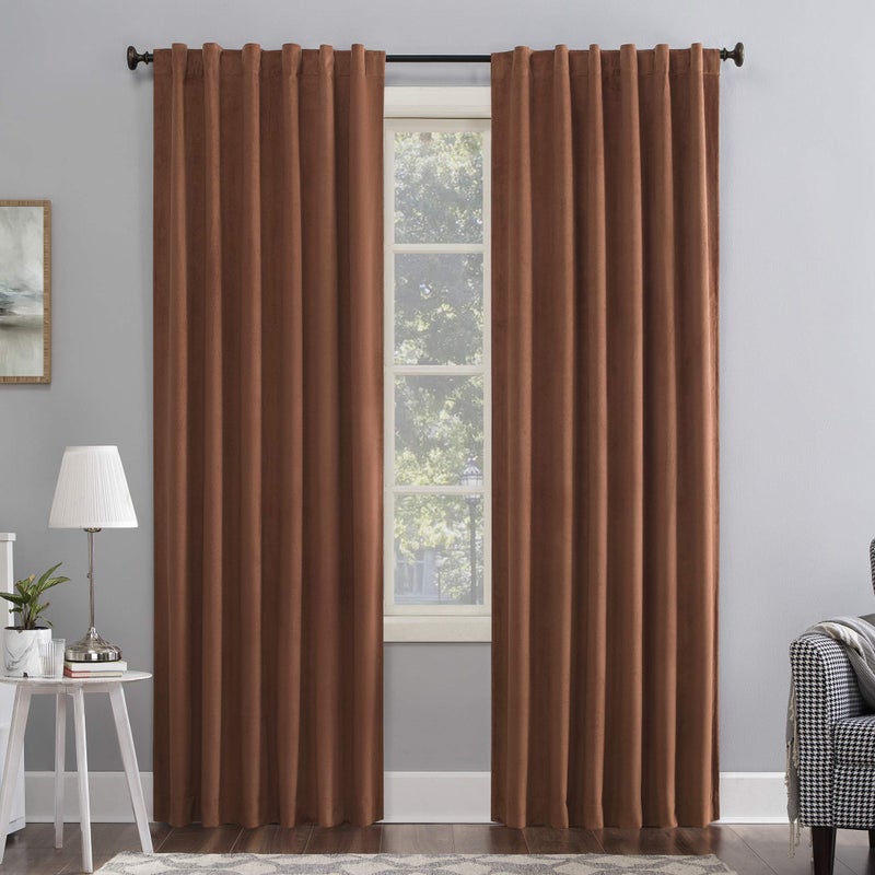 Sun Zero Hampshire Velvet Noise Reducing Thermal Extreme Total Blackout Back Tab Curtain Panel, 50" x 96", Terracotta Orange - Image 1
